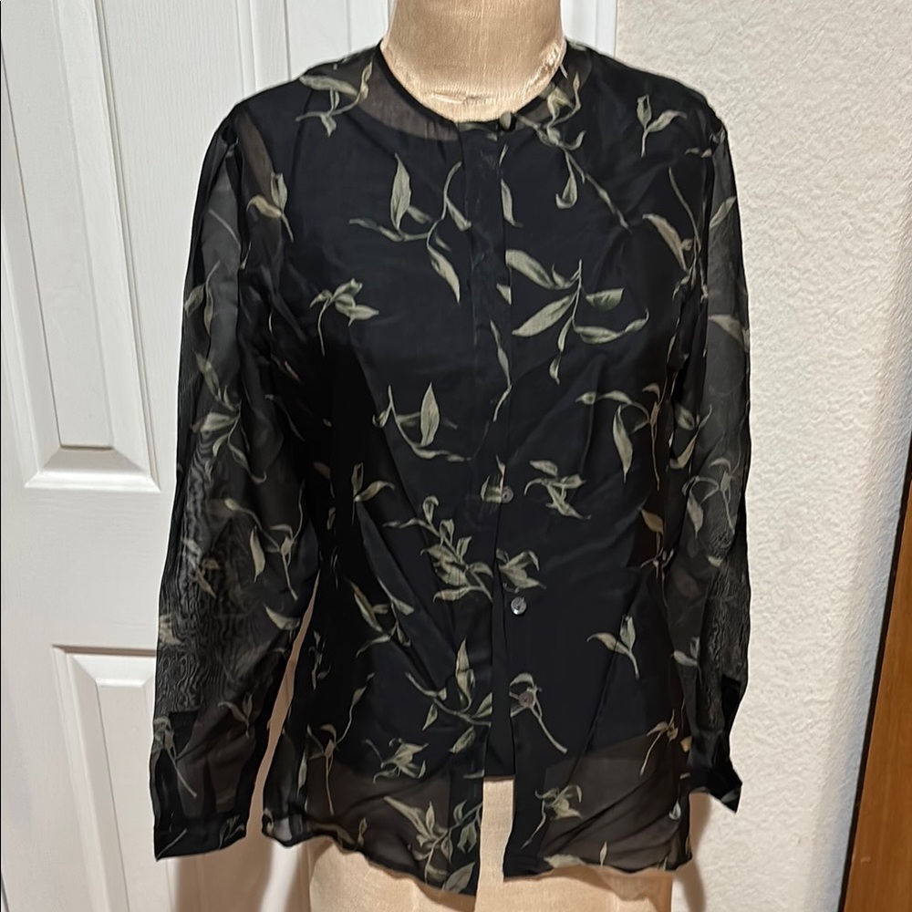 Black Sheer Long Sleeve Mandarin Collar Blouse